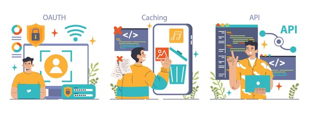 Backend development set coding software engineering or programming software script development flat