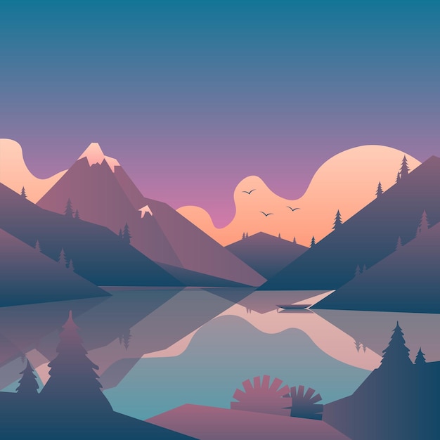 background mountain landscape with a large lake during sunset