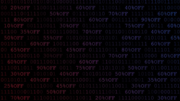 Background of zeros, ones and amount of discount in dark red and blue colors
