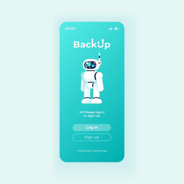 Backup application smartphone interface vector template. Mobile app page light design layout. Cloud storage software screen. Flat UI for application. Log in and sign up buttons on phone display.