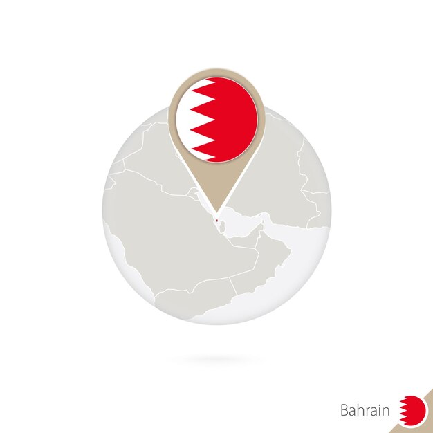 Bahrain map and flag in circle. Map of Bahrain, Bahrain flag pin. Map of Bahrain in the style of the globe. Vector Illustration.