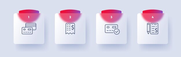 Banking set icon Bank card check receipt dollar sign money checkmark pencil document report Financial management concept Glassmorphism style Vector line icon for Business and Advertising