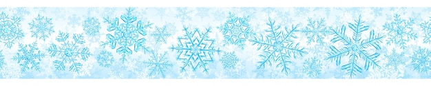 Banner of big complex translucent Christmas snowflakes in light blue colors, isolated on transparent background. With seamless horizontal repetition