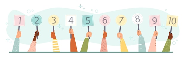 banner with human hands holding score cards flat vector illustration isolated