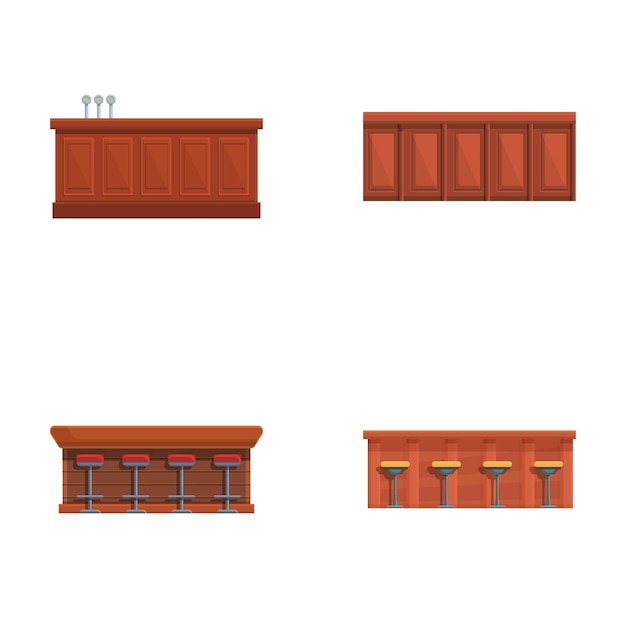 Bar furnishing icons set cartoon vector Various bar counter and high chair