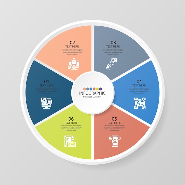 Basic circle infographic template with 6 steps, process or options, process chart, Used for process diagram, presentations, workflow layout, flow chart, infograph. Vector eps10 illustration.