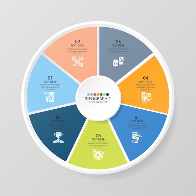 Basic circle infographic template with 7 steps, process or options, process chart, Used for process diagram, presentations, workflow layout, flow chart, infograph. Vector eps10 illustration.