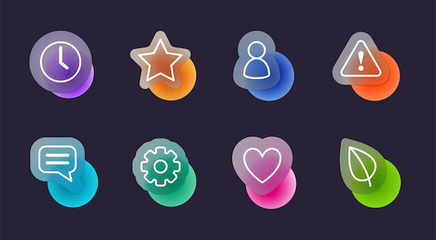 Basic icons set in glassmorphic style. Transparent blur glass effect icons. Vector illustration
