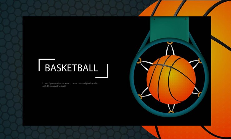 Vektori basketball tournament responsive template or website banner design with aerial view of basketball goal in hoop net