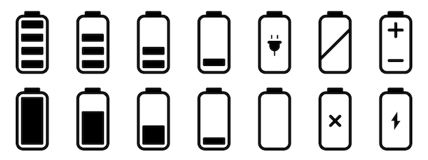 Battery icons set Battery charging charge indicator icon Alkaline battery capacity charge icon