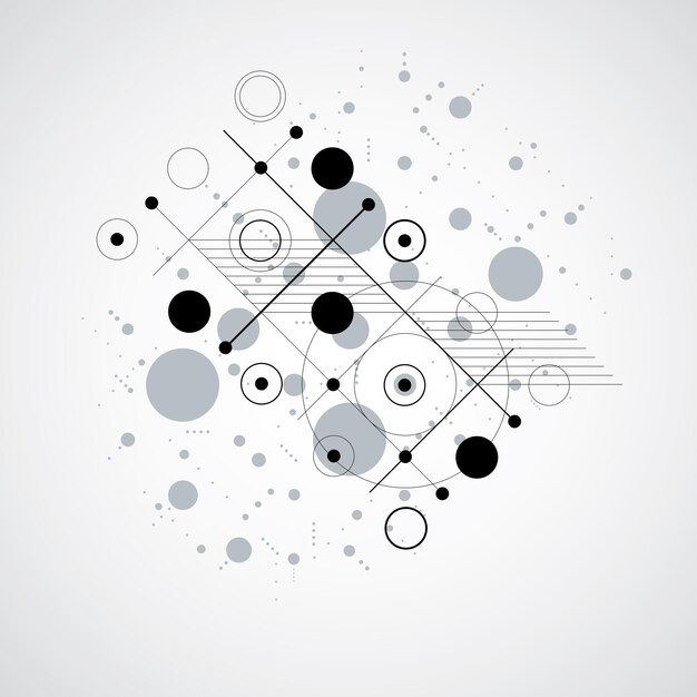 Bauhaus art composition, decorative modular black and white vector wallpaper with circles and grid. Retro style pattern, graphic backdrop for use as booklet cover template.