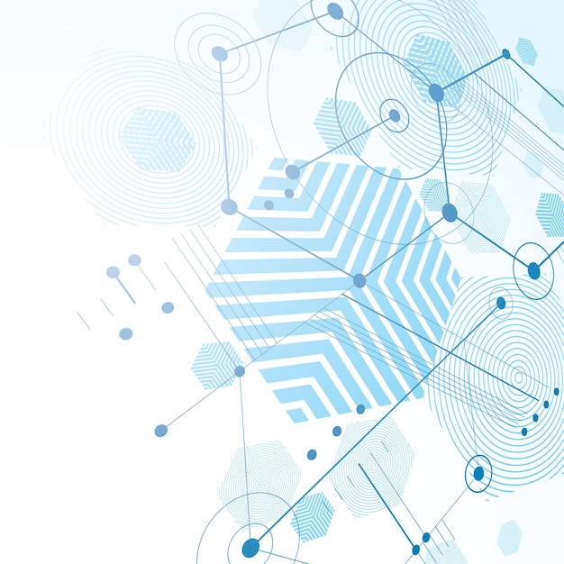 bauhaus art dimensional composition, perspective blue modular vector wallpaper with honeycombs. retro style pattern, graphic backdrop for use as booklet cover template.