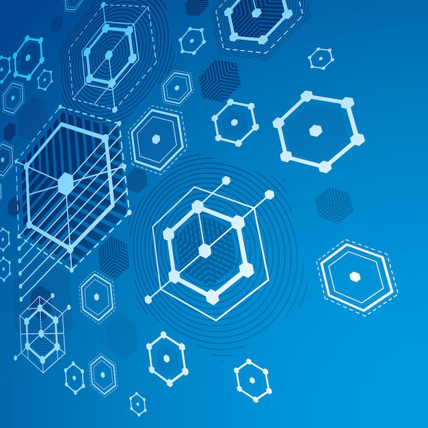bauhaus art dimensional composition, perspective blue modular vector wallpaper with honeycombs. retro style pattern, graphic backdrop for use as booklet cover template.