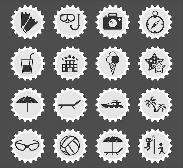 Beach symbols on a round postage stamp stylized icons