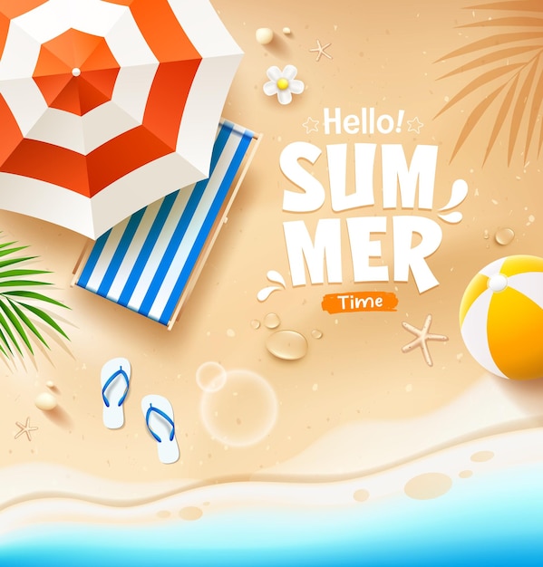 Beach umbrella and beach canvas bed coconut leaf beach ball summer poster design on sand beach