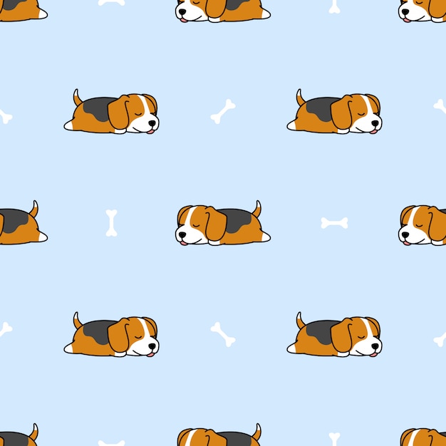 Beagle puppy sleeping with bone seamless pattern