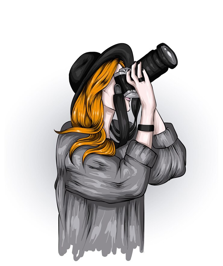 Vektori beautiful girl in stylish clothes and with a vintage camera