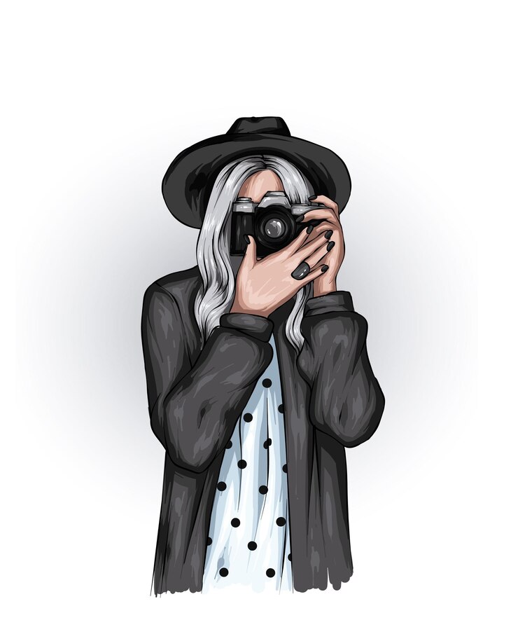 Vektori beautiful girl in stylish clothes and with a vintage camera