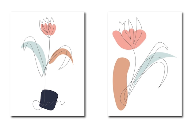 Beautiful hand drawn floral leaves and flowers one line art