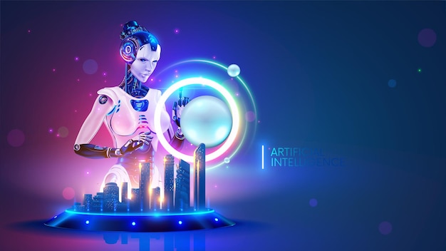 beautiful robot woman standing at the interactive table with hologram of smart city cyborg work with virtual abstract spherical interface ai or artificial intelligence controls systems of smart city