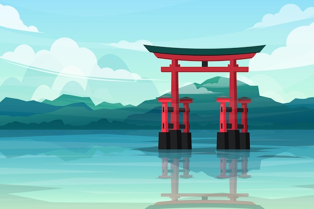 Beautiful scene with landscape of lakefront with torii gates in japan, design for postcard or travel poster, vector illustration