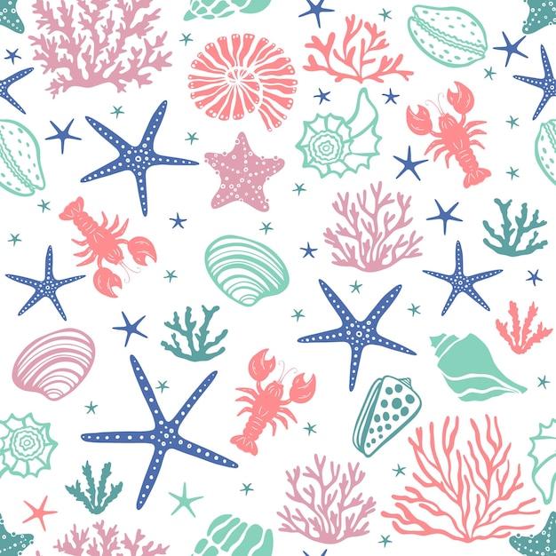 Beautiful seamless vector tropical pattern with lobster corals seaweed and sea stars