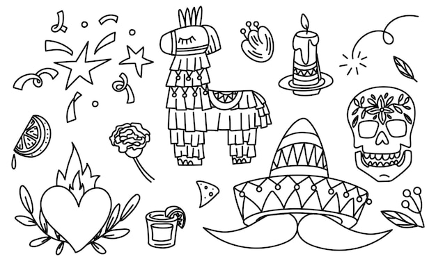 Beautiful vector doodle illustration skull flowers Mexican heart Pinata sombrero with mustache tequila lime Dedicated to the Mexican holiday of May 5th Cinco De Mayo Vector template