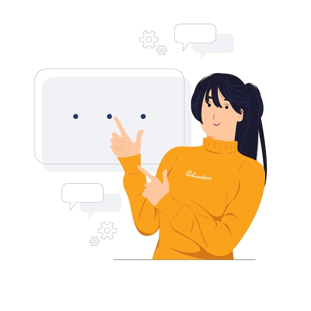 beautiful woman showing and pointing fingers upper left corner with happy expression advices use this copy space wisely concept illustration