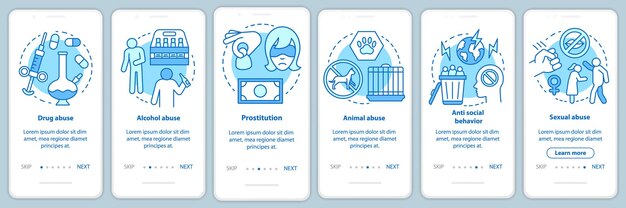 Behavioral problems onboarding mobile app page screen with linear concept