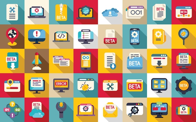 Beta version icons set flat vector Build code bug Coding app tester