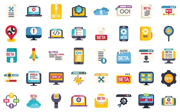 Beta version icons set outline vector Build code bug Coding app tester