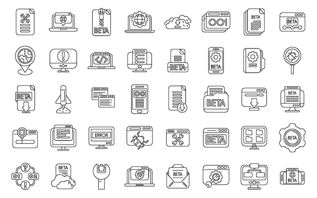 Beta version icons set outline vector Build code bug Coding app tester