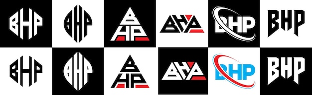 BHP letter logo design in six style BHP polygon circle triangle hexagon flat and simple style with black and white color variation letter logo set in one artboard BHP minimalist and classic logo