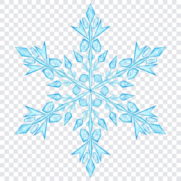 Big complex translucent crystal Christmas snowflake in light blue colors isolated on transparent background