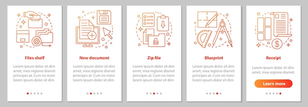 Big data onboarding mobile app page screen with linear concepts Files storage new document zip file blueprint receipt steps graphic instructions UX UI GUI vector template with illustrations
