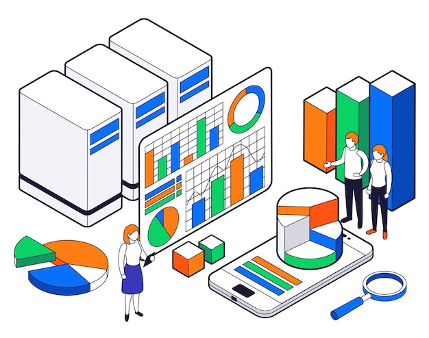 Big data science analysis isometric composition with charts diagrams and other analytical information