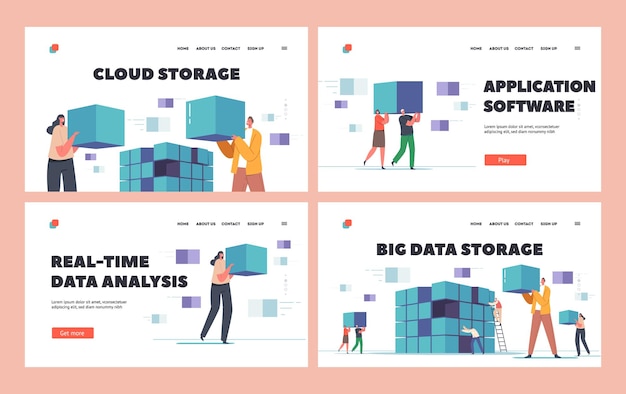 Big Data Storage Landing Page Template Set Tiny Web Technicians Characters Using Network Data Base Interface