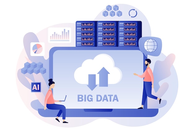 Big data text on laptop screen Data science and jobs Data analysis Tiny character data engineer