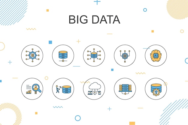 Big data trendy Infographic template Thin line design with Database Artificial intelligence User behavior Data center