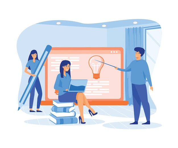 Big laptop and small businessman learning financial literacy flat vector modern illustration