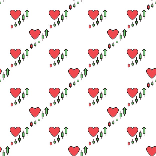 big red heart with market chart patterns vector economic insights thin line seamless pattern