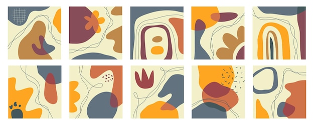Big Set of Abstract backgrounds Hand drawn doodle various shapes leaves face spots drops Contemporary modern trendy Vector illustrations Every background is isolated Pastel colors