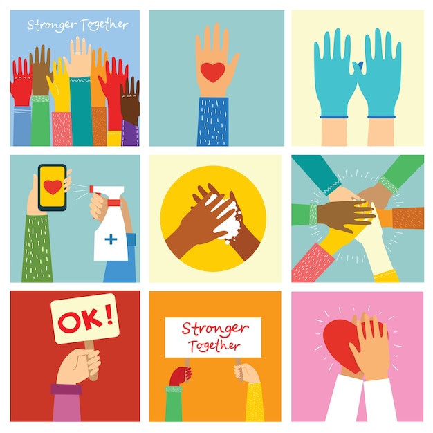 Big set of different hands illustrations. Strong together many hands up. Hand with book. Washing hands. Team building. Hands holding heart.