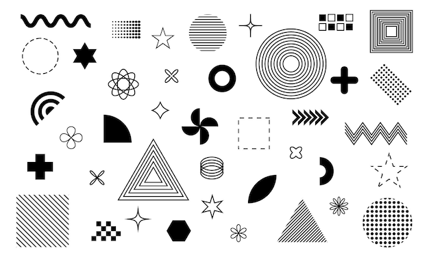 Big set of memphis style geometrical shapes and elements on white background flat vector art