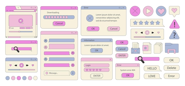 Big set of retro vaporwave desktop browser and dialog window templates
