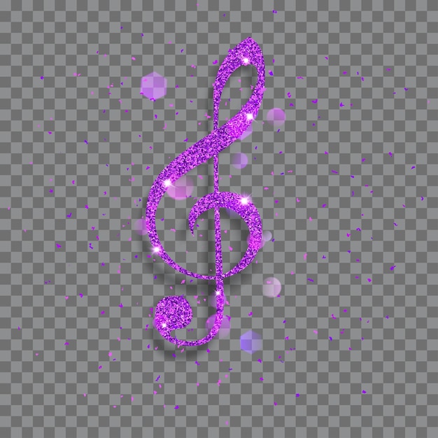 Big shiny treble clef made of purple glitters with sparkles and glares