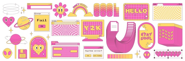Big sticker set in trendy y2k style. Old computer aestethic. Retro pc elements, user interface.