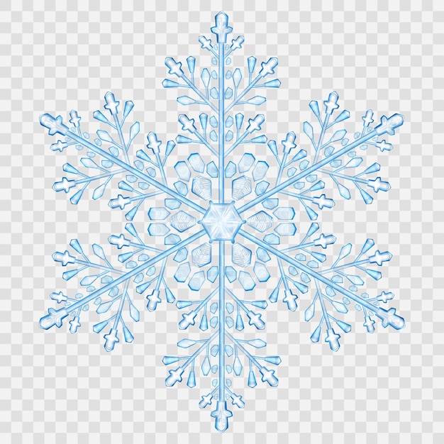 Big translucent crystal snowflake in light blue colors on transparent background