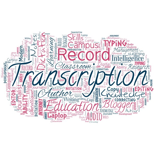 Big word cloud in the shape of cloud with word transcription Written or typing version of something Hard copy of audio