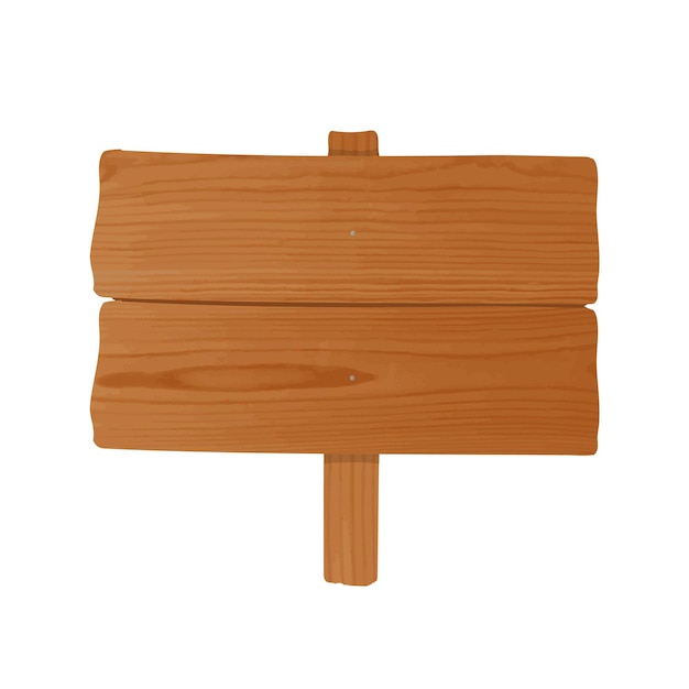 Billboard made of pair of unhewn wooden planks and pole nailed together. Empty signboard or signpost isolated on white background. Cartoon decorative design element. Colored vector illustration.